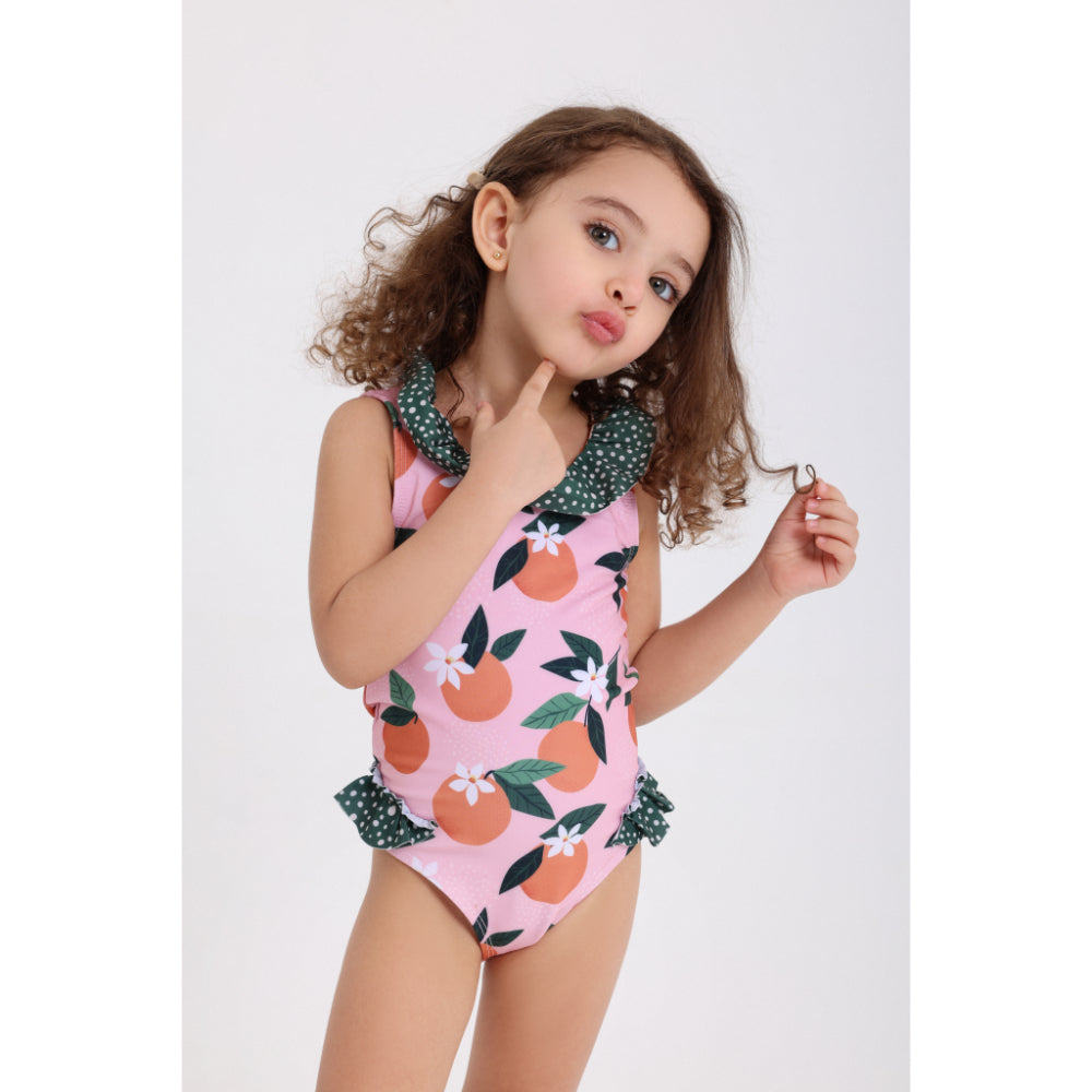 Baby Girls One-Piece Sleeveless Swimsuit – Dusty Pink & Olive with Orange Print