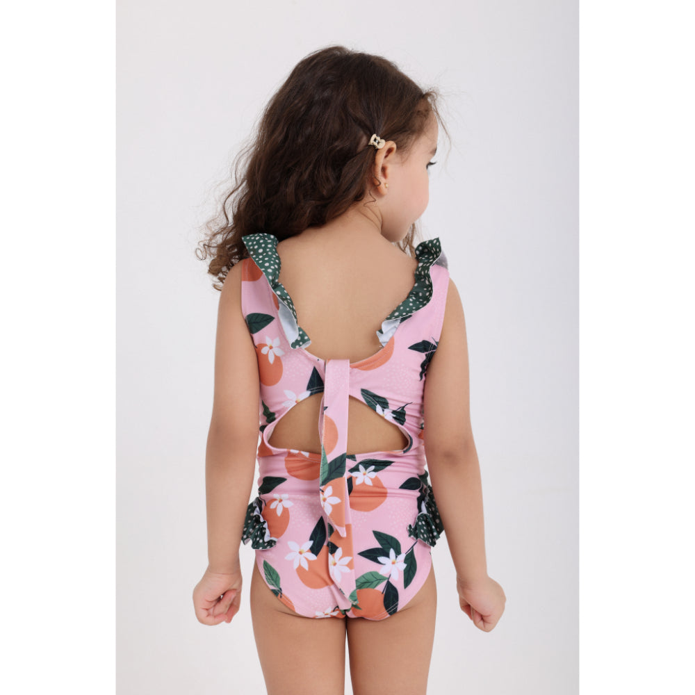 Baby Girls One-Piece Sleeveless Swimsuit – Dusty Pink & Olive with Orange Print
