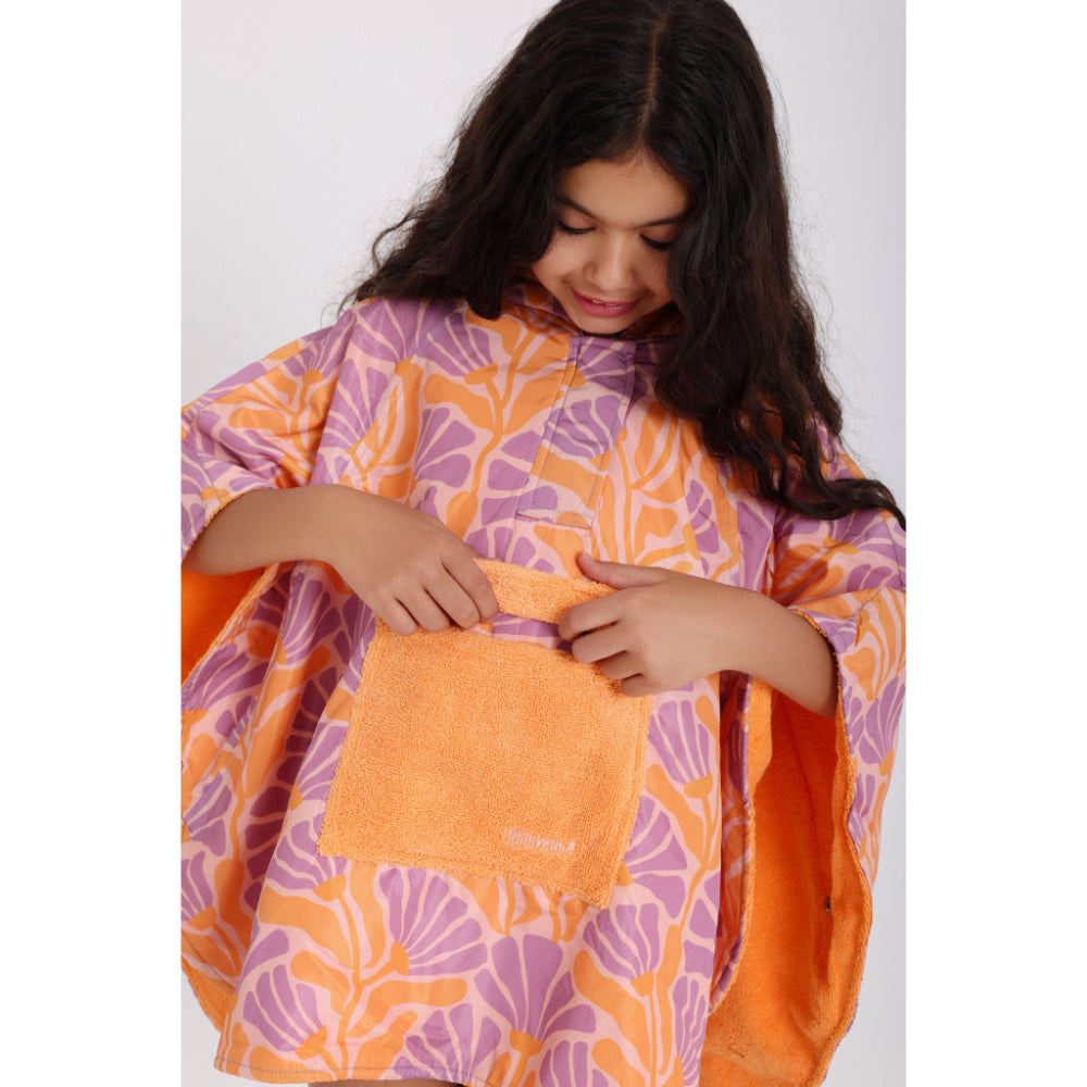 Girls Waterproof Poncho – Orange & Purple With Floral Print