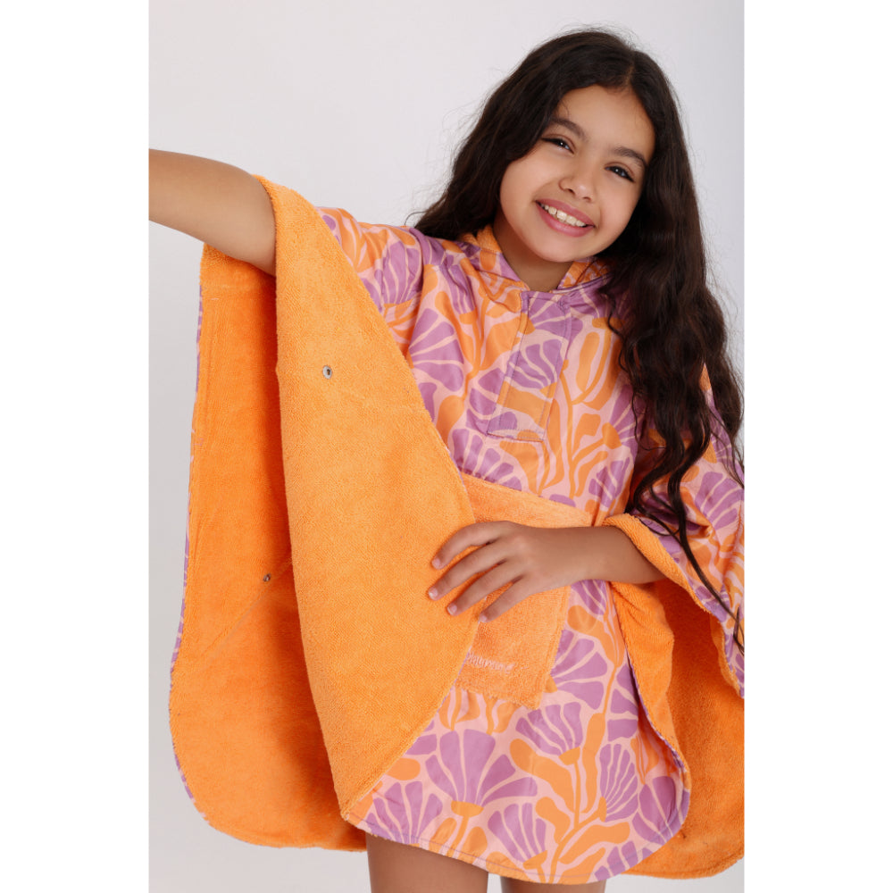 Girls Waterproof Poncho – Orange & Purple With Floral Print