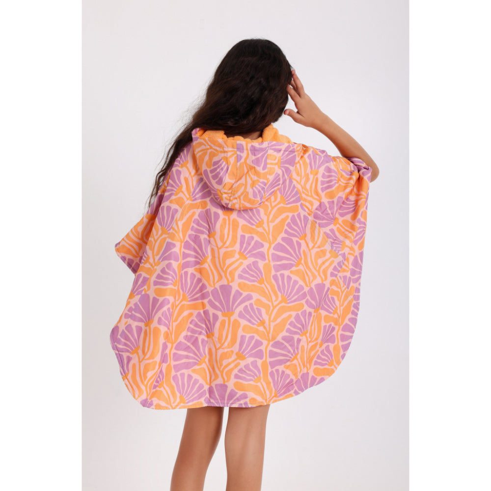 Girls Waterproof Poncho – Orange & Purple With Floral Print