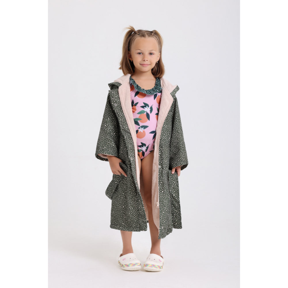 Girls Waterproof Swim Robe – Olive with Polka Dot Pattern - Clothing - Playmore