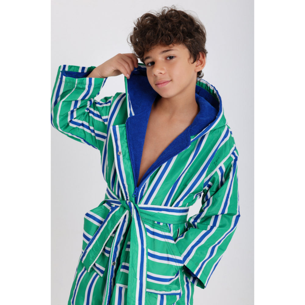 Boys Waterproof Swim Robe – Green & White Striped Print
