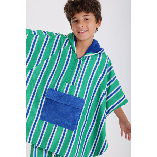 Boys Waterproof Poncho – Green & White Striped