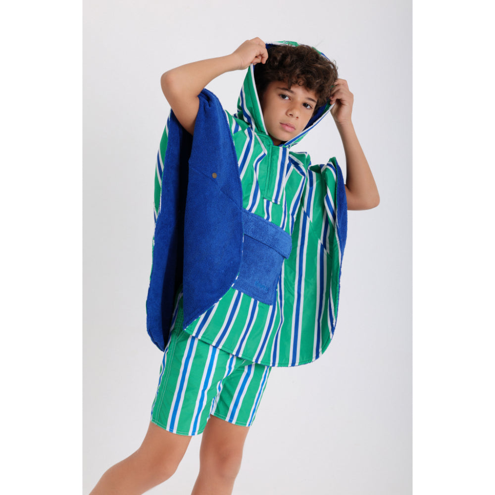Boys Waterproof Poncho – Green & White Striped