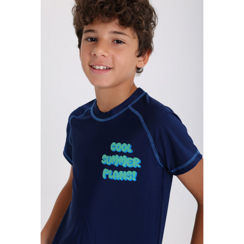 Boys Short Sleeve Rash Guard – Navy with "Cool Summer Plans!" Print