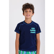Boys Short Sleeve Rash Guard – Navy with "Cool Summer Plans!" Print