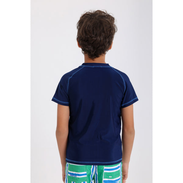 Boys Short Sleeve Rash Guard – Navy with "Cool Summer Plans!" Print