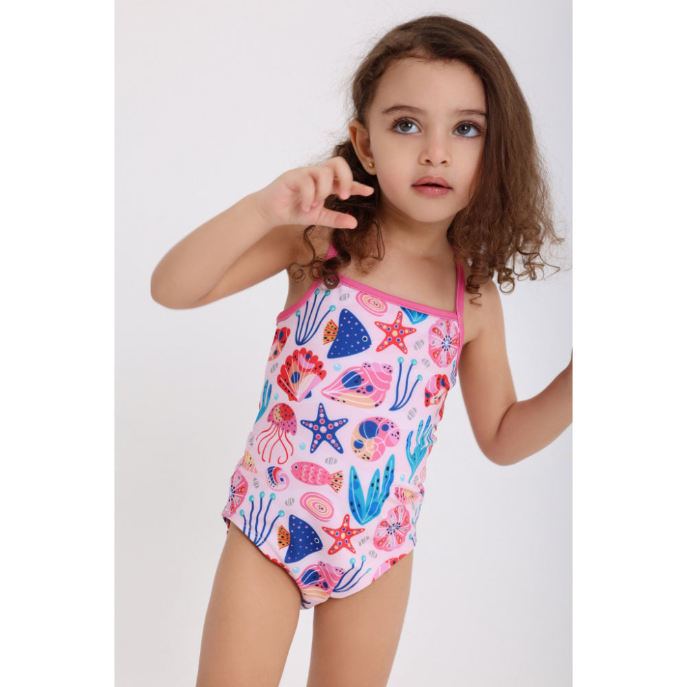 Baby Girls One-Piece Swimsuit – Pink with Sea Creatures Print
