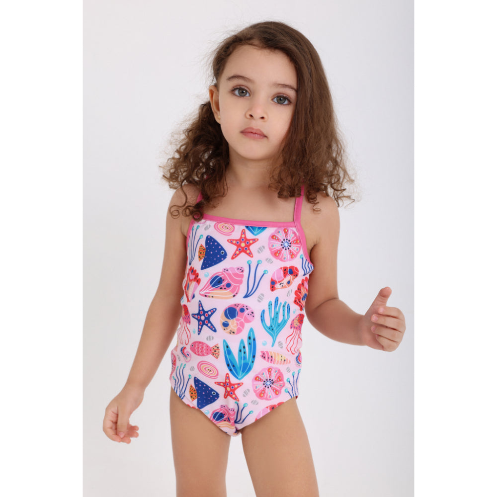 Baby Girls One-Piece Swimsuit – Pink with Sea Creatures Print