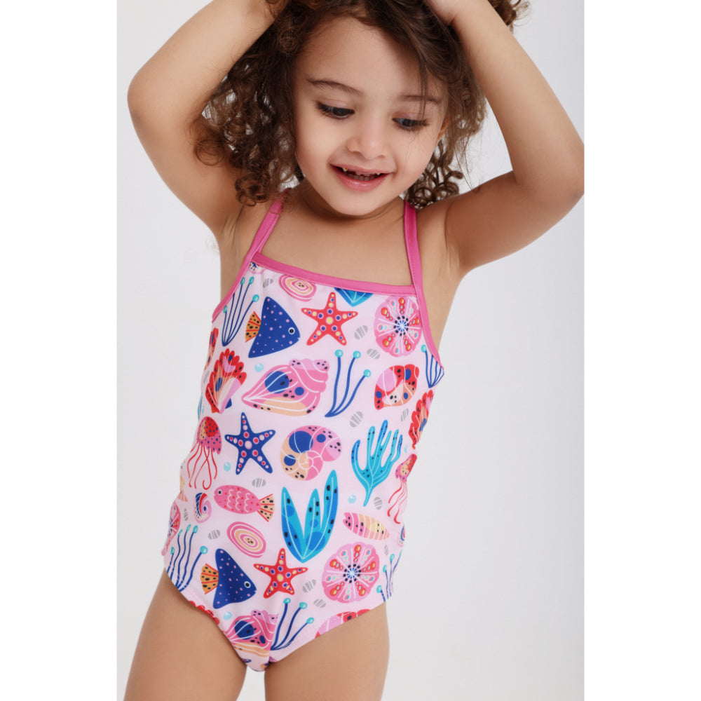 Baby Girls One-Piece Swimsuit – Pink with Sea Creatures Print