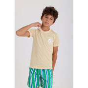 Boys Short Sleeve Rash Guard – Beige with "Life is Better On The Beach" Print