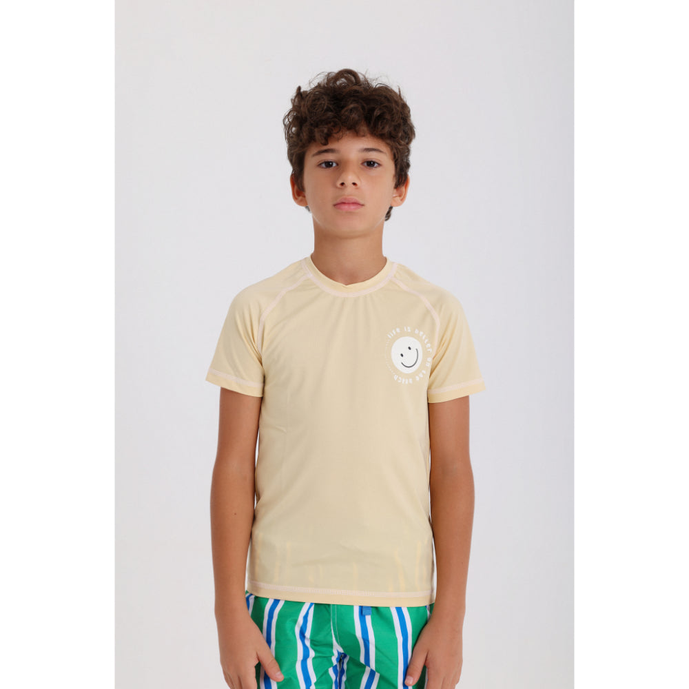 Boys Short Sleeve Rash Guard – Beige with "Life is Better On The Beach" Print