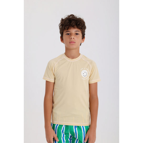 Boys Short Sleeve Rash Guard – Beige with "Life is Better On The Beach" Print