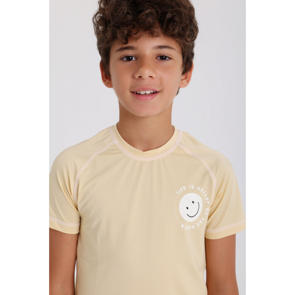 Boys Short Sleeve Rash Guard – Beige with "Life is Better On The Beach" Print