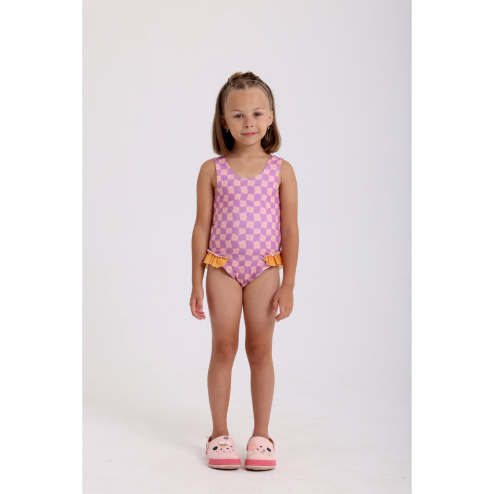 Girls Checkered One-Piece Swimsuit – Dusty Pink & Purple