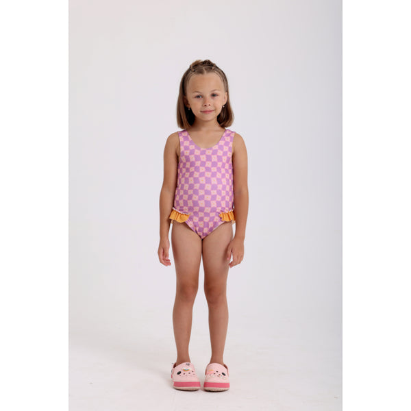 Girls Checkered One-Piece Swimsuit – Dusty Pink & Purple