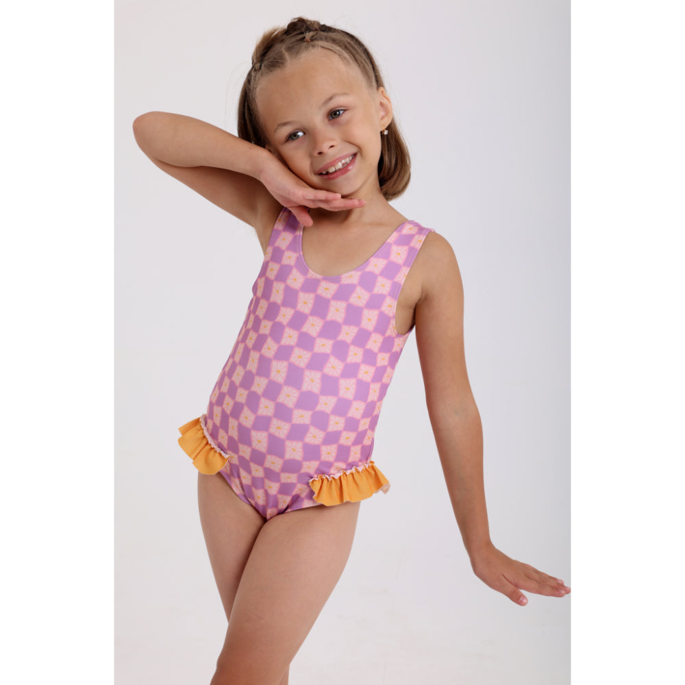 Girls Checkered One-Piece Swimsuit – Dusty Pink & Purple - Clothing - Playmore