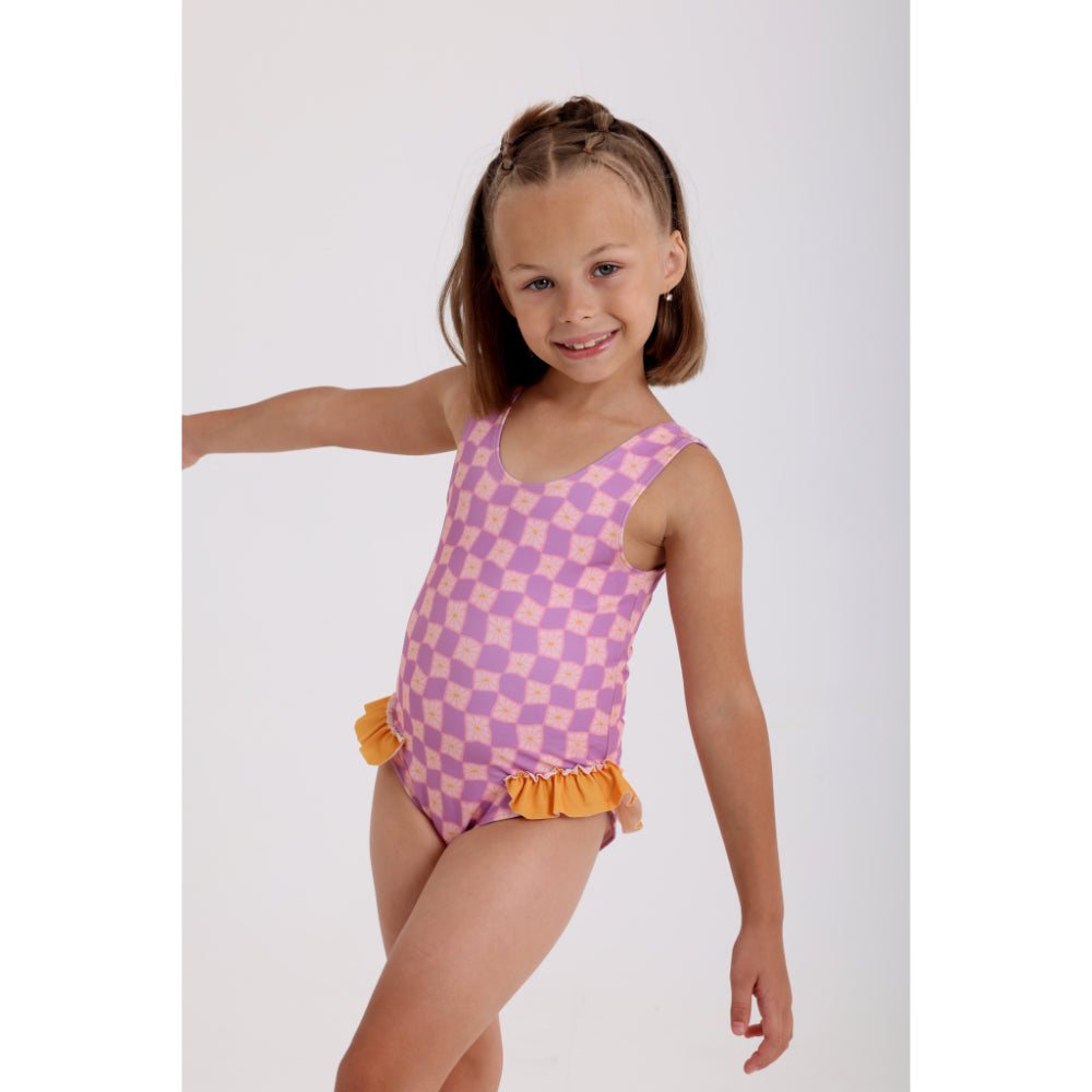 Girls Checkered One-Piece Swimsuit – Dusty Pink & Purple
