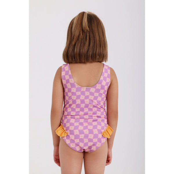 Girls Checkered One-Piece Swimsuit – Dusty Pink & Purple