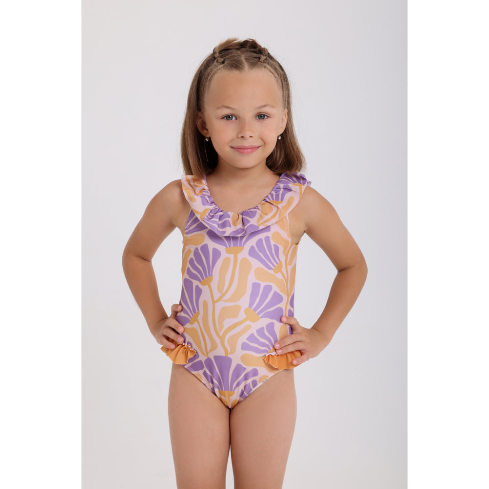 Baby Girls One-Piece Swimsuit – Printed Orange & Purple
