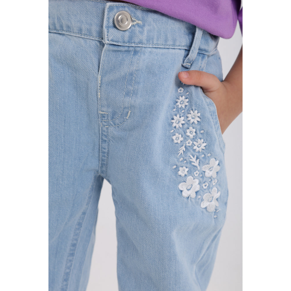 Baby Girls Denim Pants – Ice Blue with Flowers Embroidery
