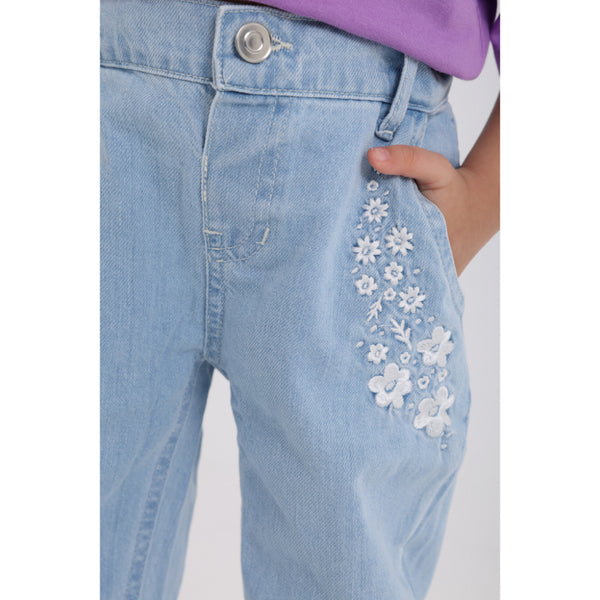 Baby Girls Denim Pants – Ice Blue with Flowers Embroidery