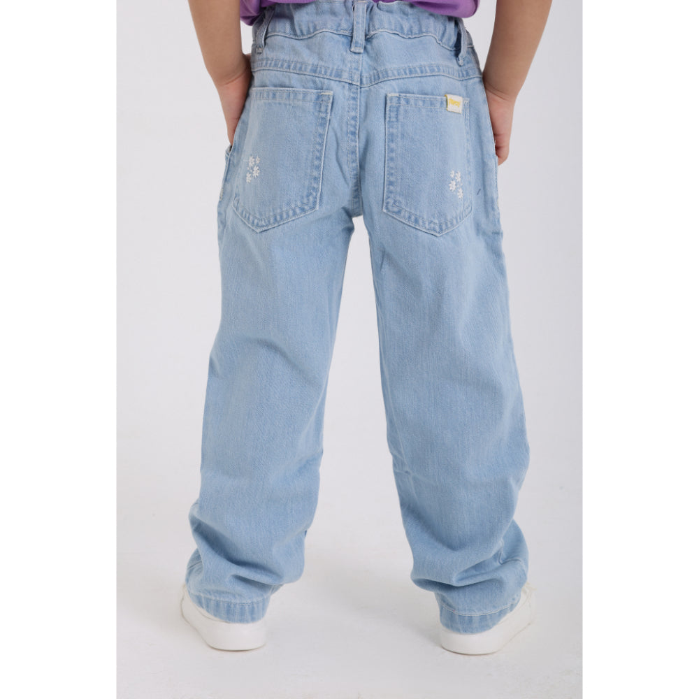 Baby Girls Denim Pants – Ice Blue with Flowers Embroidery