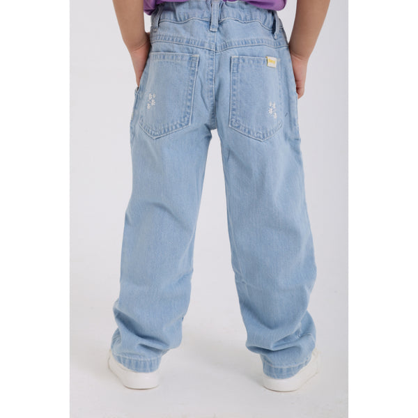 Baby Girls Denim Pants – Ice Blue with Flowers Embroidery