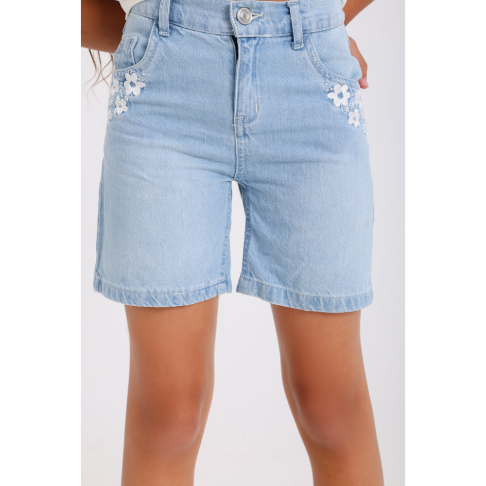 Girls Denim Short – Ice Blue with Flowers Embroidery