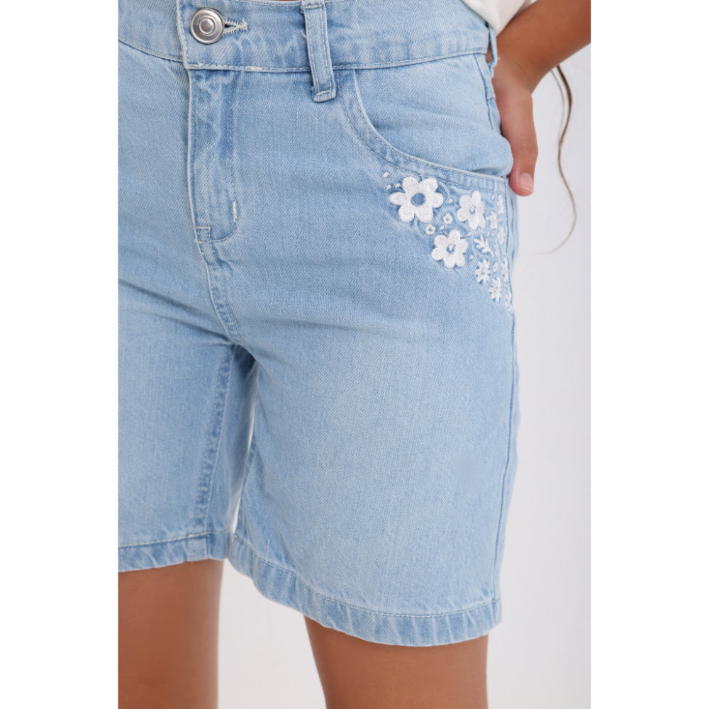 Girls Denim Short – Ice Blue with Flowers Embroidery