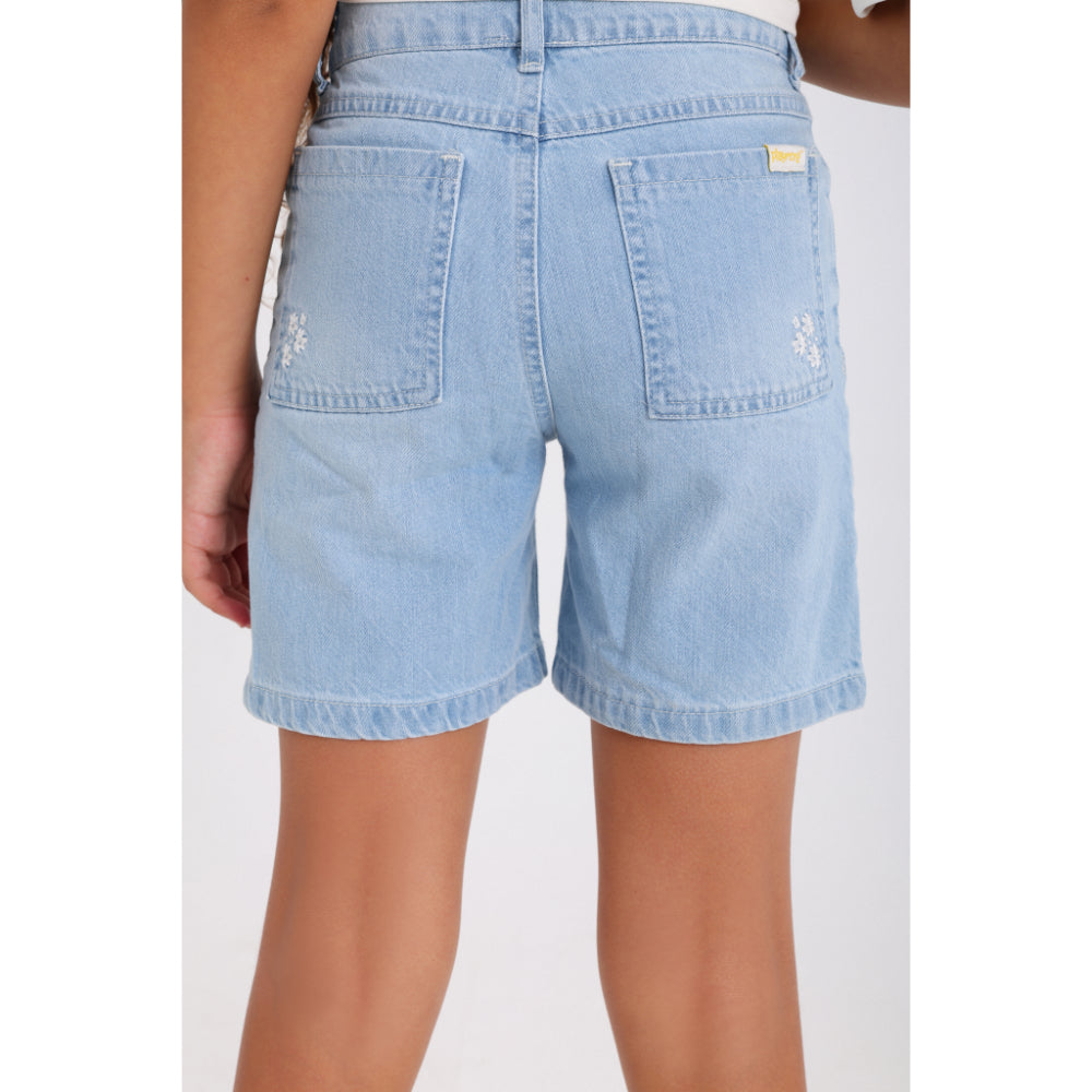 Girls Denim Short – Ice Blue with Flowers Embroidery