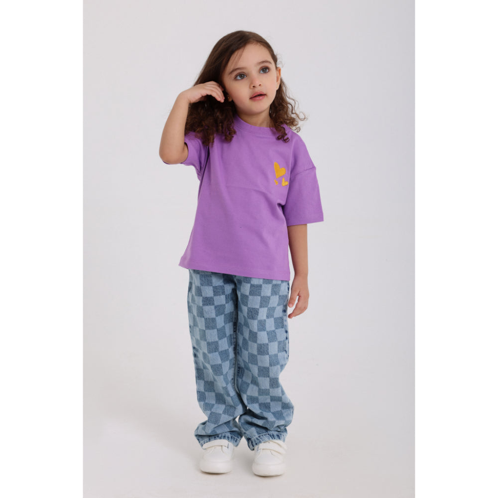 Baby Girls Cotton T-Shirt – Purple with Hearts Embroidery