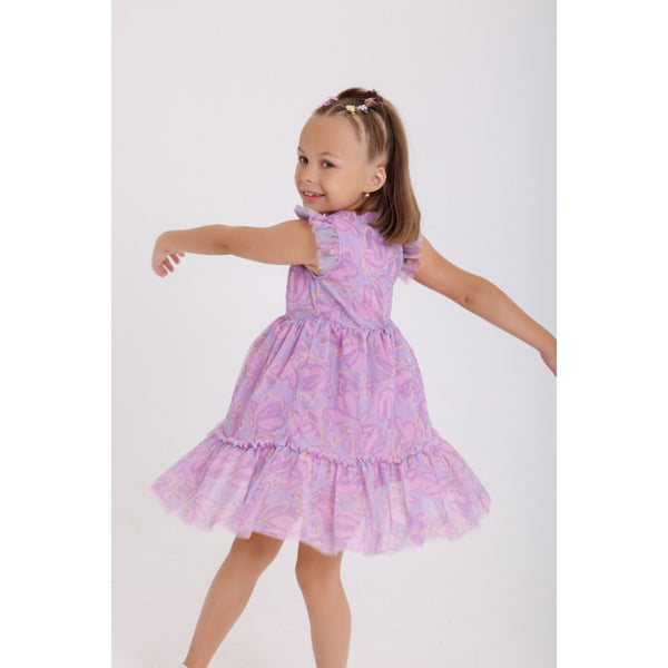 Girls Tulle Sleeveless Dress – Purple with Flowers Print