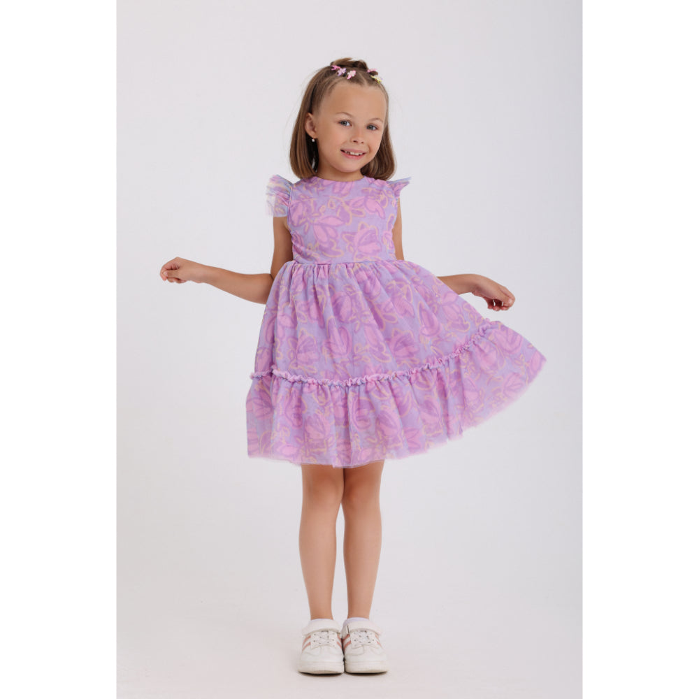 Girls Tulle Sleeveless Dress – Purple with Flowers Print - Clothing - Playmore