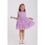 Girls Tulle Sleeveless Dress – Purple with Flowers Print