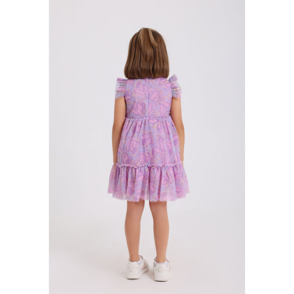 Girls Tulle Sleeveless Dress – Purple with Flowers Print
