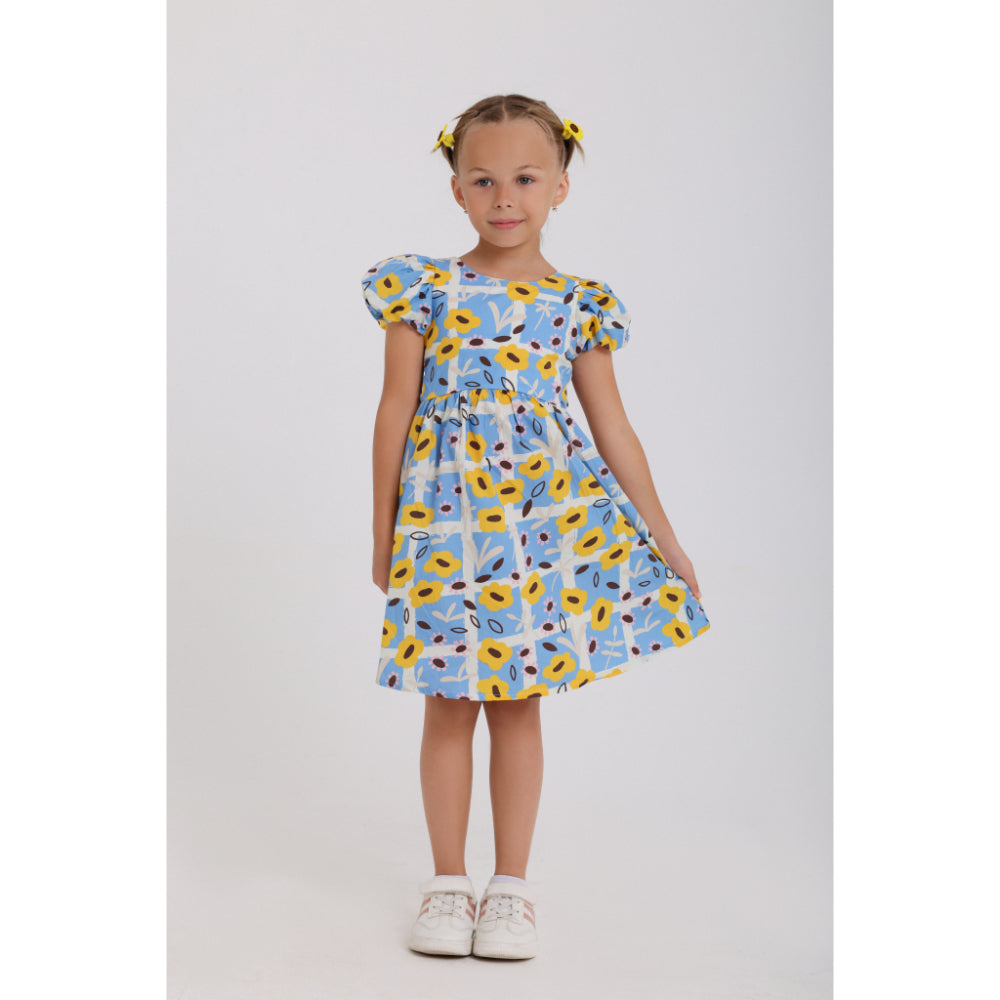 Girls Cotton Dress – Baby Blue with Flora Print