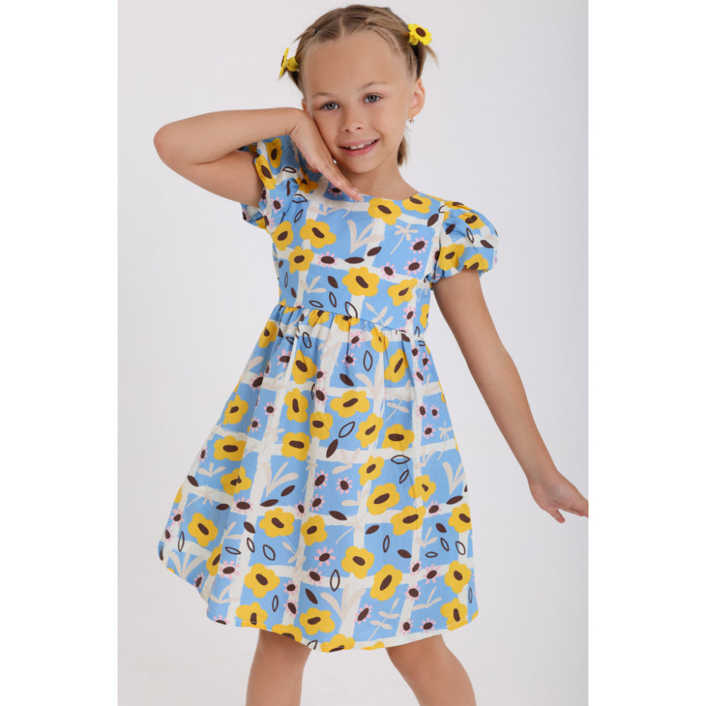 Girls Cotton Dress – Baby Blue with Flora Print