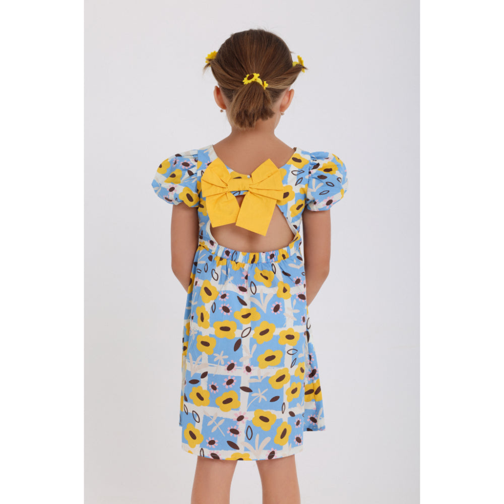 Girls Cotton Dress – Baby Blue with Flora Print
