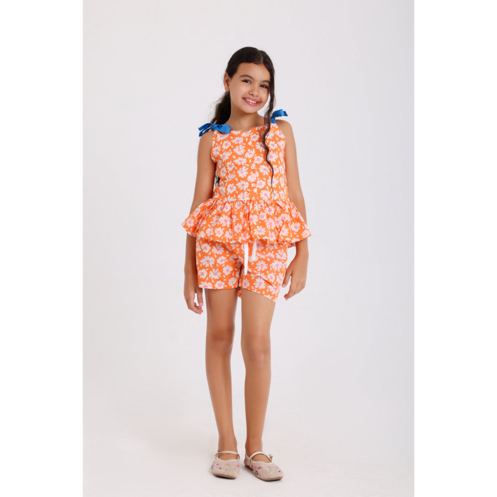 Girls Cotton Blouse – Orange with Flowers Print