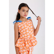 Girls Cotton Blouse – Orange with Flowers Print