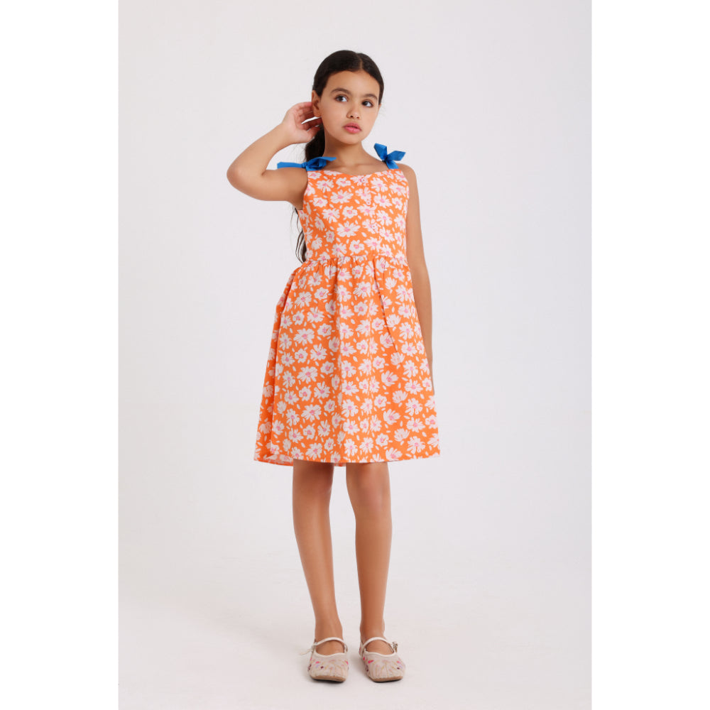 Girls Cotton Dress – Orange with Flowers Print