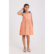 Girls Cotton Dress – Orange with Flowers Print
