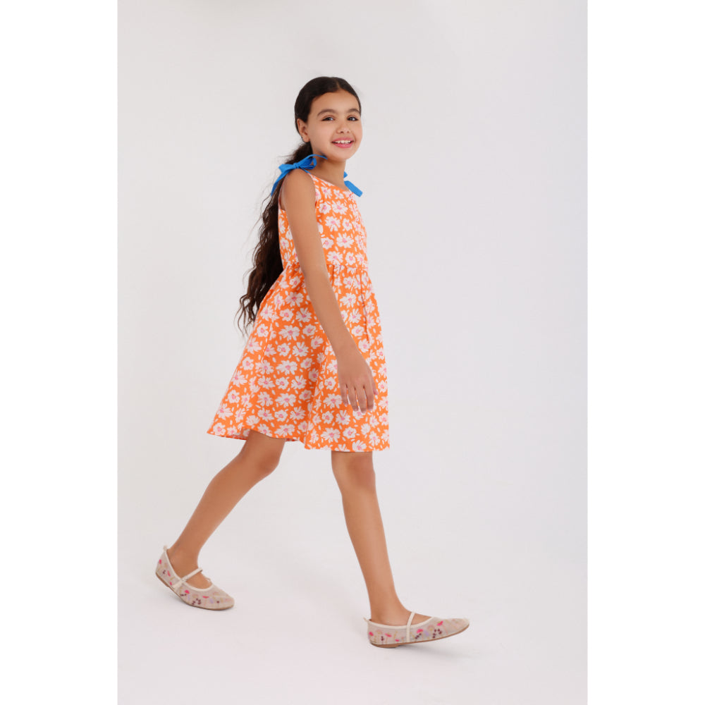 Girls Cotton Dress – Orange with Flowers Print