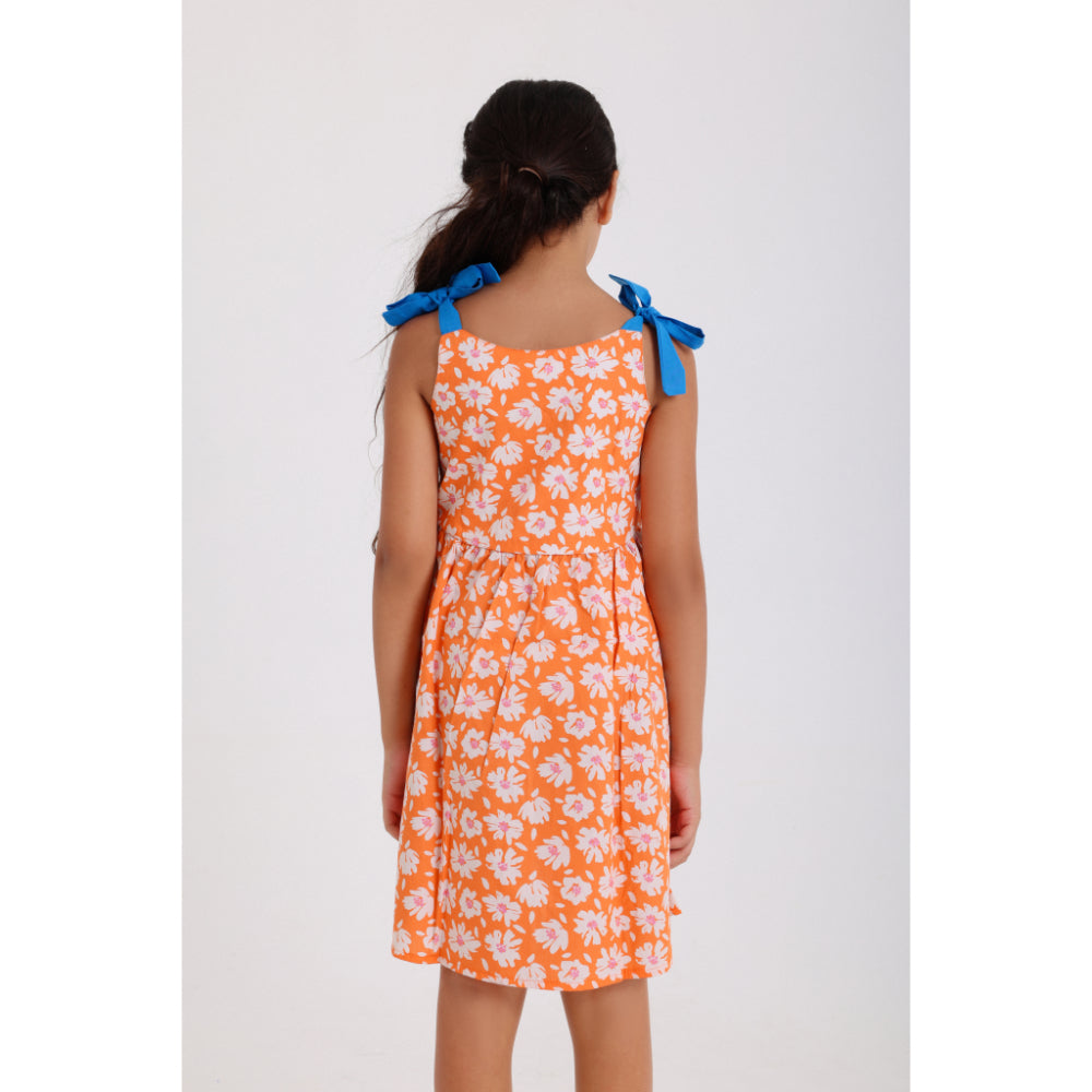 Girls Cotton Dress – Orange with Flowers Print