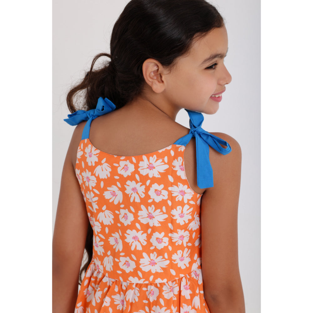 Girls Cotton Dress – Orange with Flowers Print