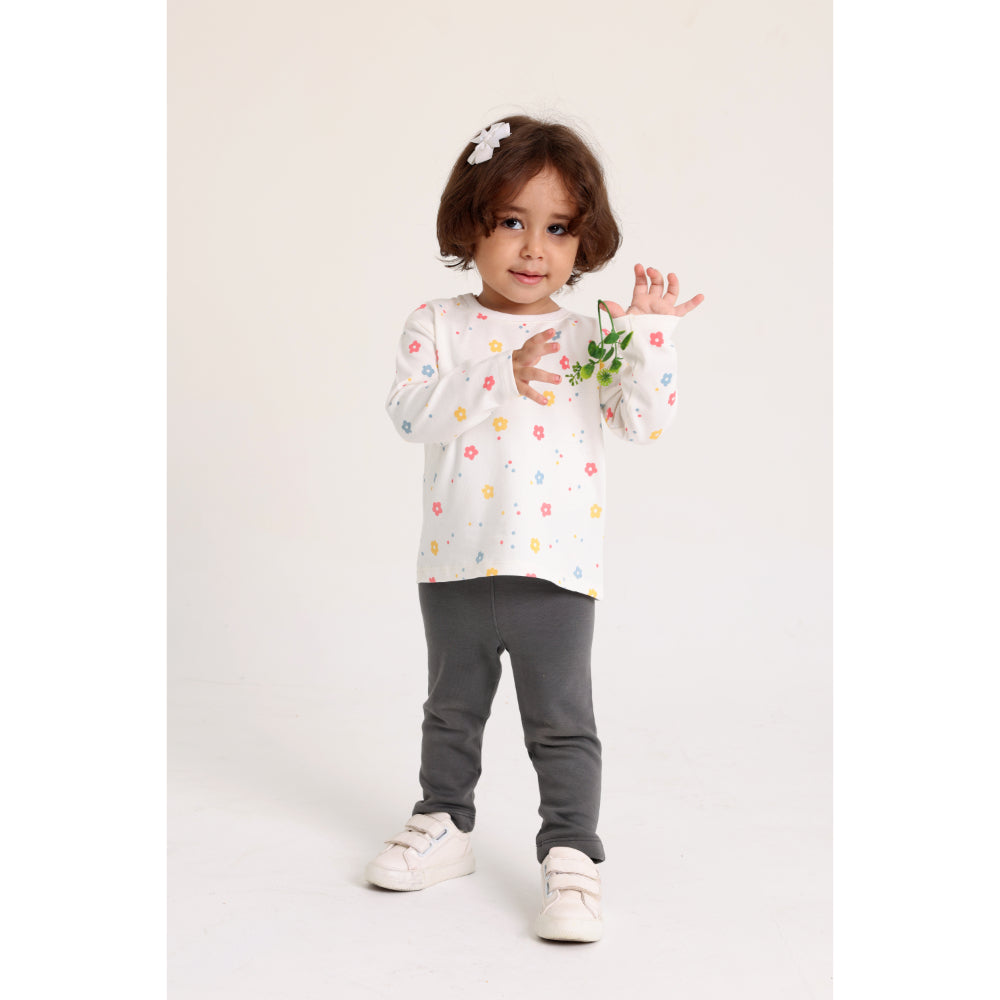 Baby Girls Cotton T-Shirt – Off-White with Flowers Print