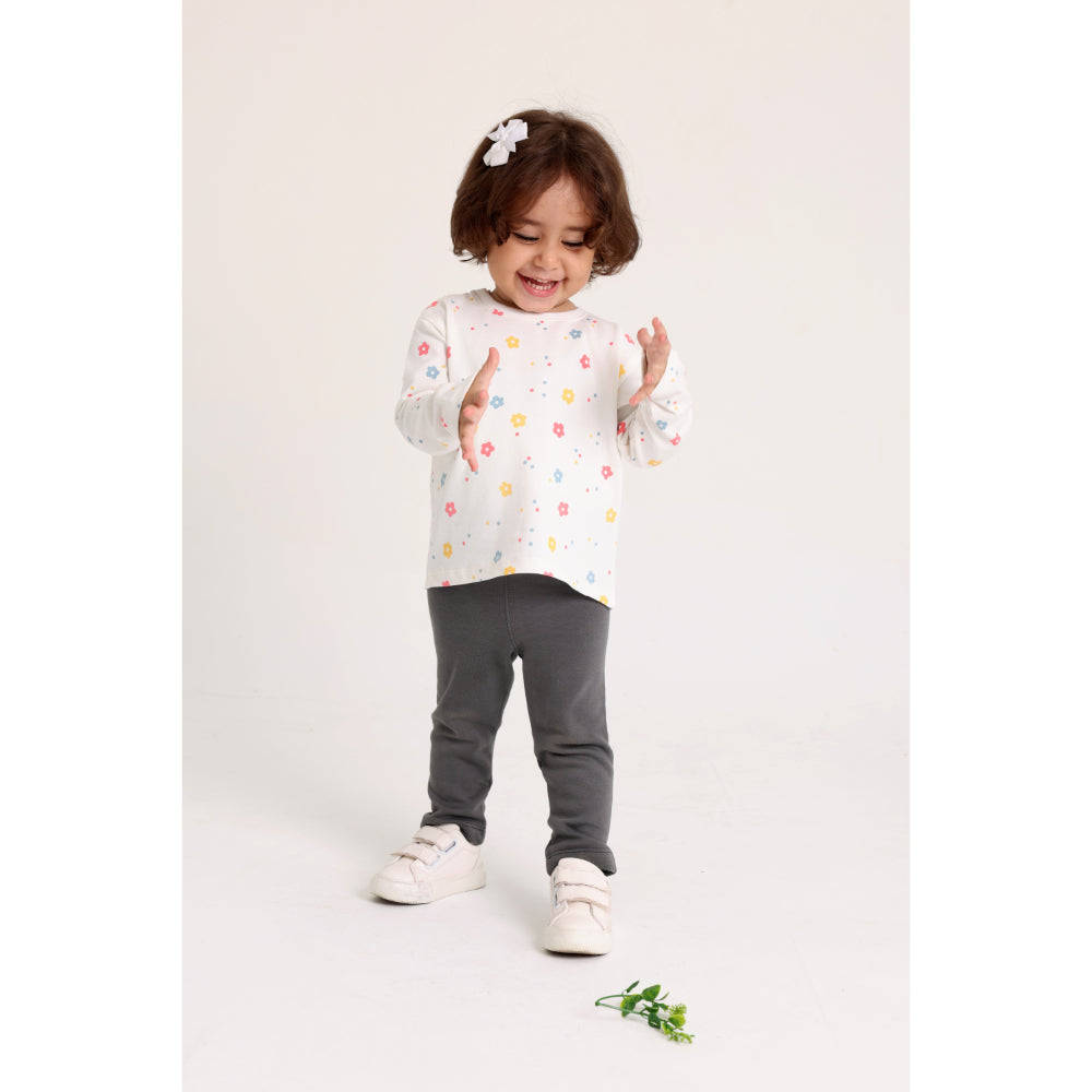 Baby Girls Cotton T-Shirt – Off-White with Flowers Print