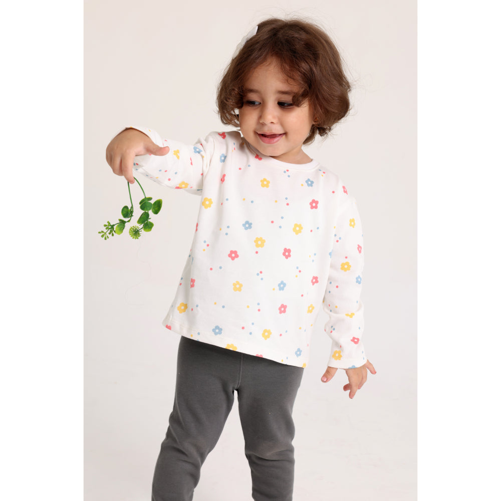 Baby Girls Cotton T-Shirt – Off-White with Flowers Print